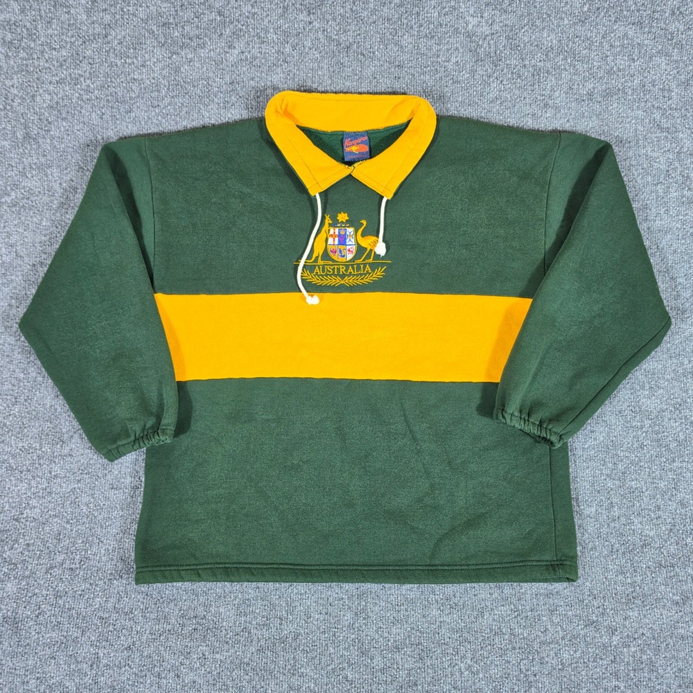 Vintage Kangaroo Australia Rugby Fleece Pullover Green Yellow Mens Large L